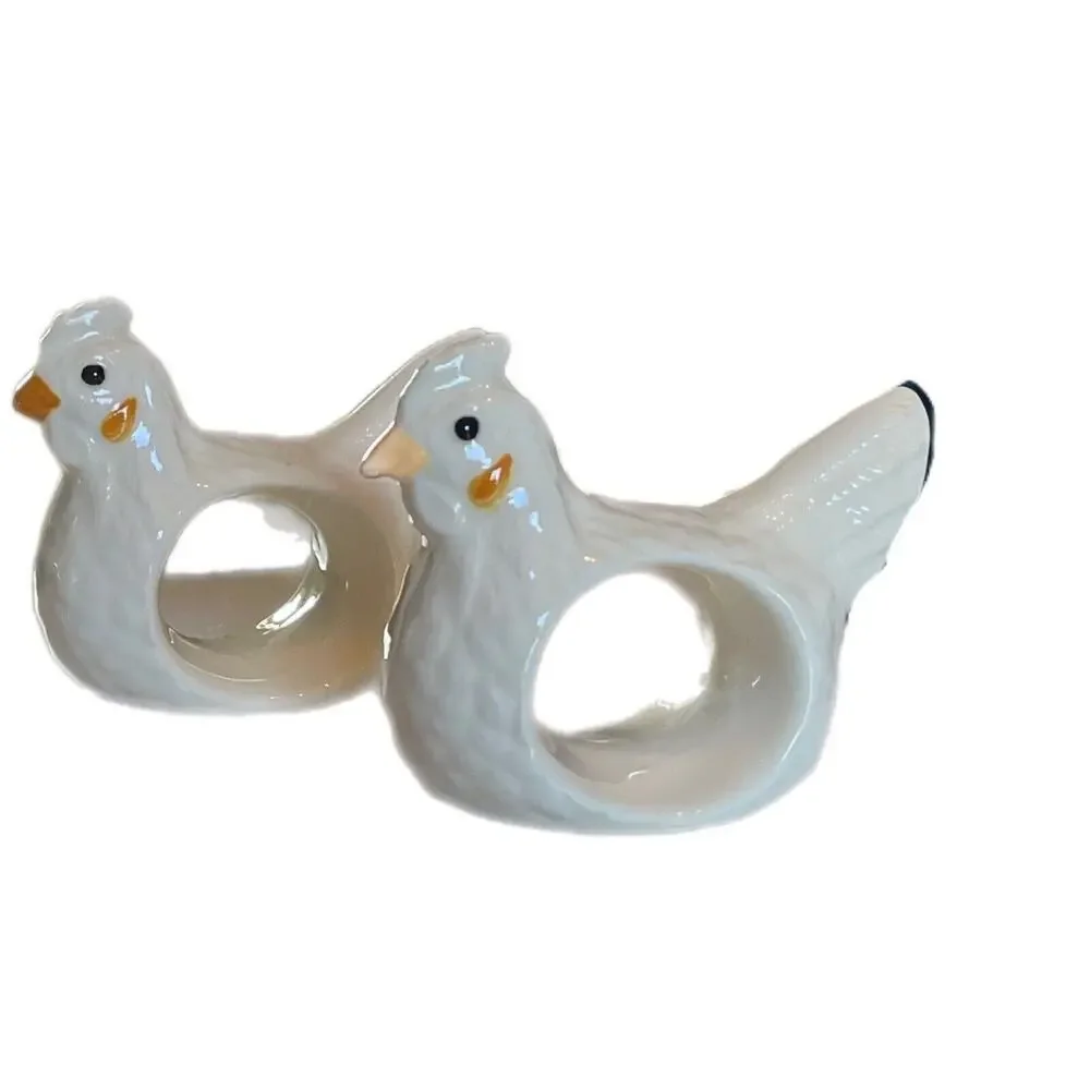 Vtg White Ceramic Rooster Chicken Napkin Rings Holder Set of 4 Farmhouse Decor